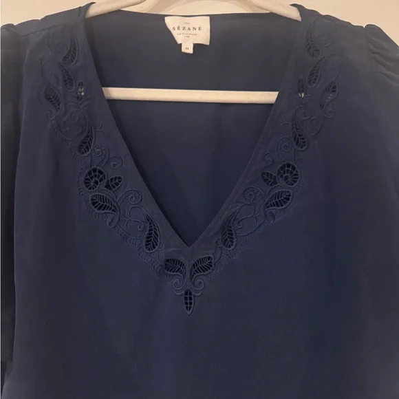 Sezane Navy Embroidered V-Neck Blouse- 100% Silk - Picture 2 of 6